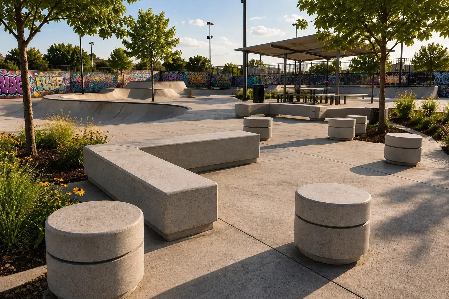 Concrete benches and round seating areas provide places to rest and gather beside a landscaped community skate park.